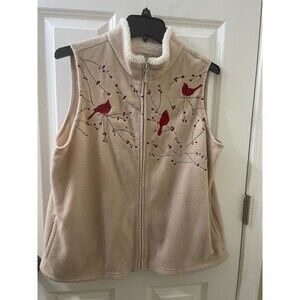 Croft & Barrow Vest Women L CREAM Fleece Embroidered Cardinals Front Zip HOLIDAY